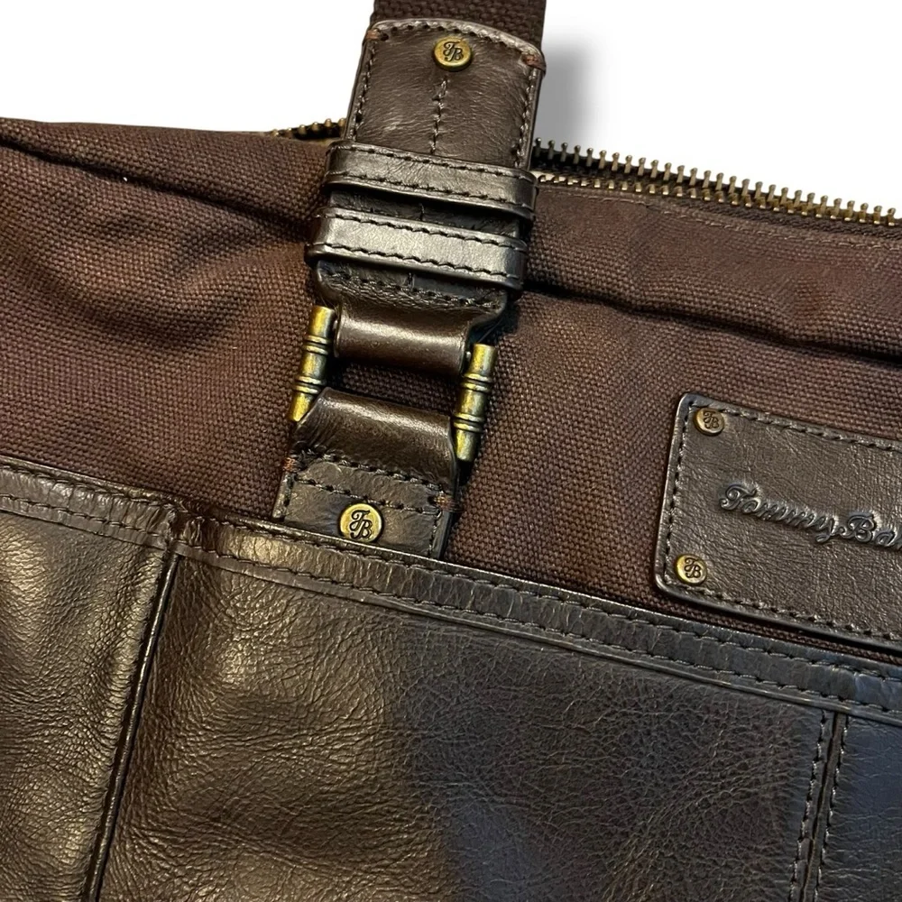 Tommy Bahama Tobago Briefcase Laptop Bag Canvas & Leather Carry Strap Map Lining
